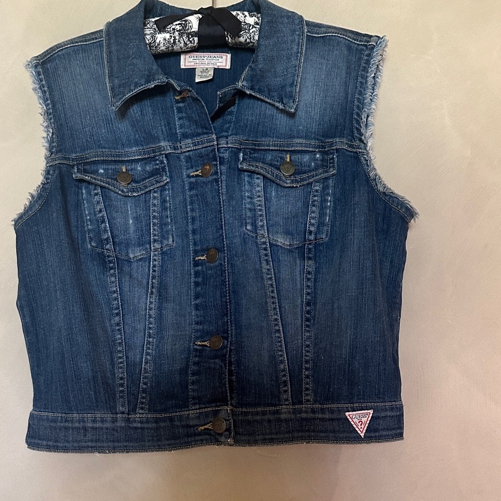 Guess Jean Denim Women's Button Front Frayed Vest size L